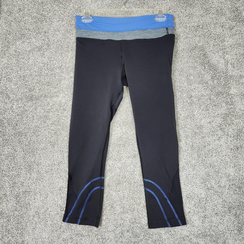 Lululemon Pants Womens 8 Black Blue Stripe Run Inspire Crop Athletic Leggings
